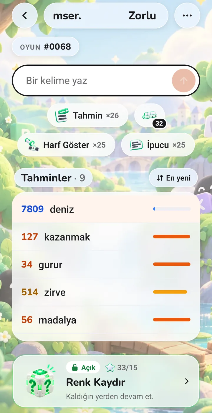 Telefonda Kelimecil: üstte ipucu, altında yakınlığına göre sıralanmış tahminler, 34 gurur'dan 7809 deniz'e