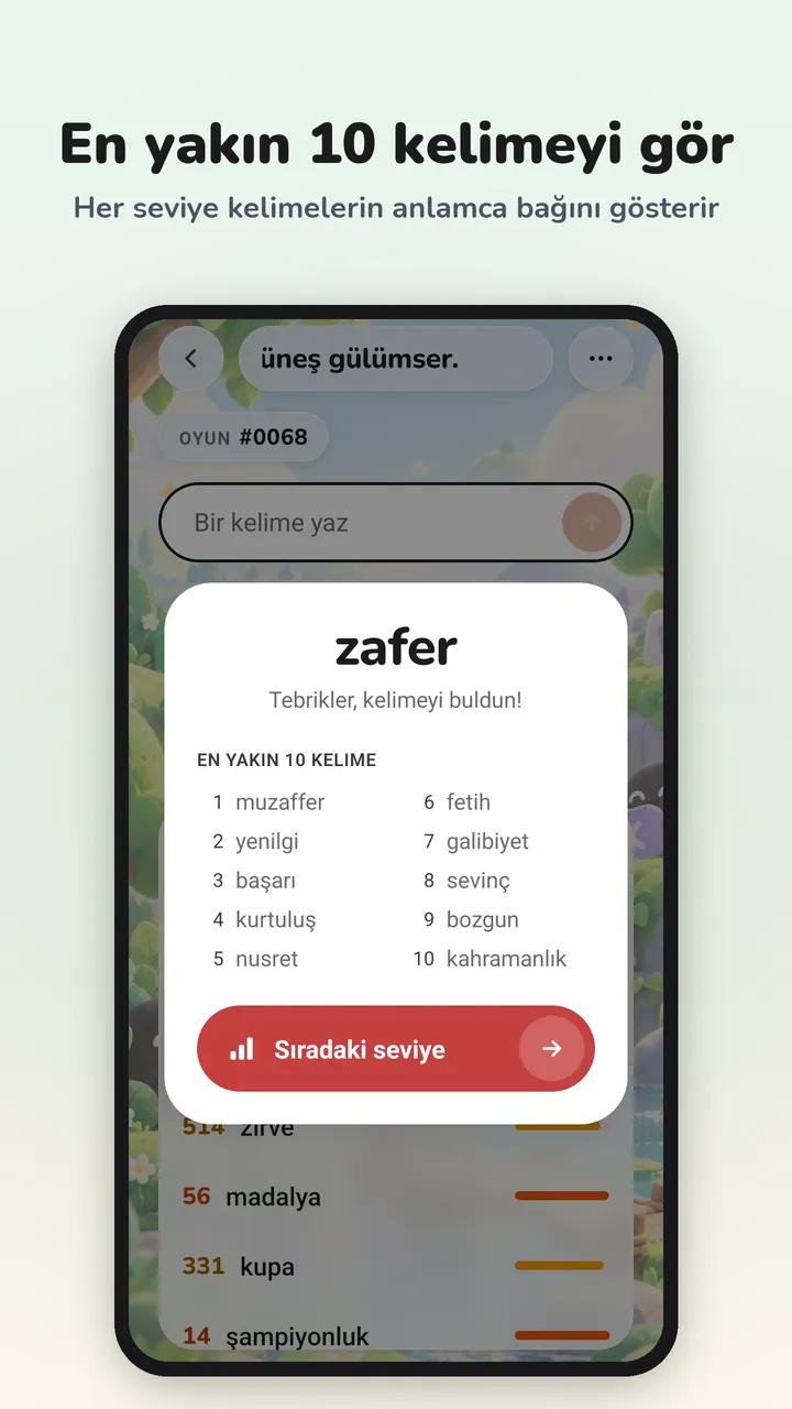En yakın 10 kelimeyi gösteren bulundu penceresi
